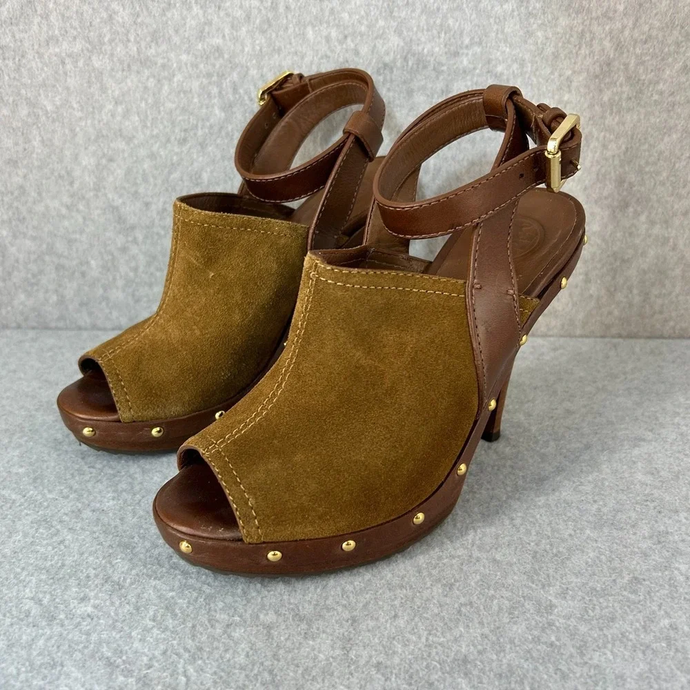 Tory Burch Bilson Heeled Clogs Shoes Brown Suede Leather Studded Womens Size 7